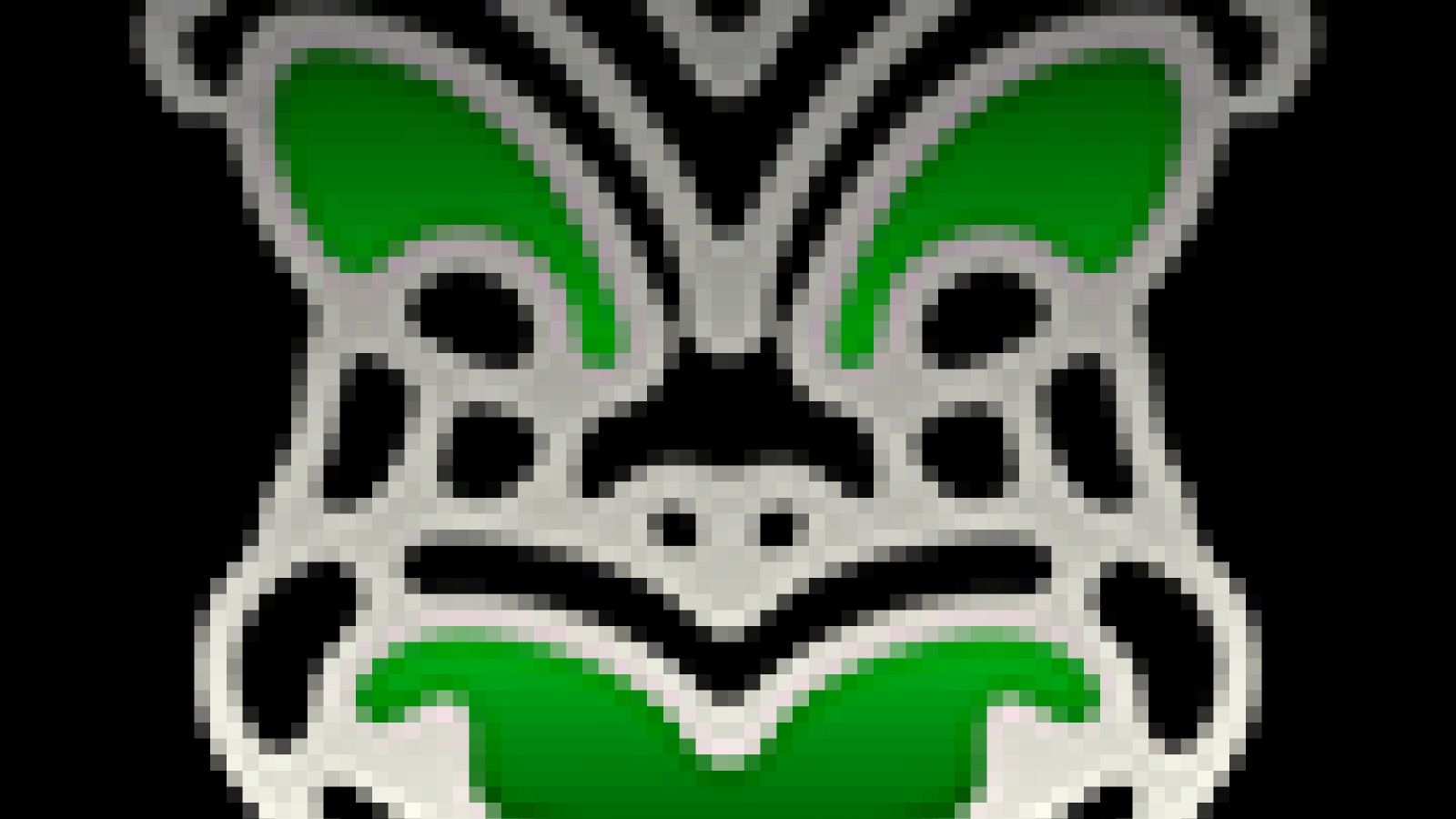 A computer graphic of a green Kura face on a black background.