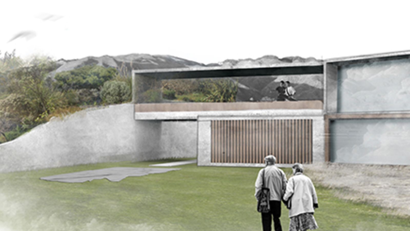 Imagery of a landscape architecture project by Billy Pearce: a concrete and wood building embedded in a hill, with people walking, and mountains in the background.