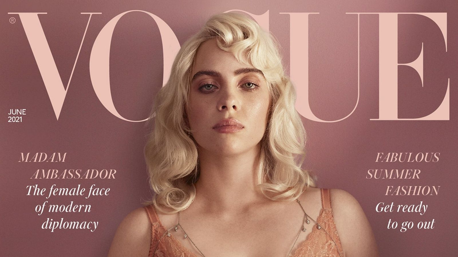 Singer Billie Eilish in a pink corset on the cover of Vogue magazine