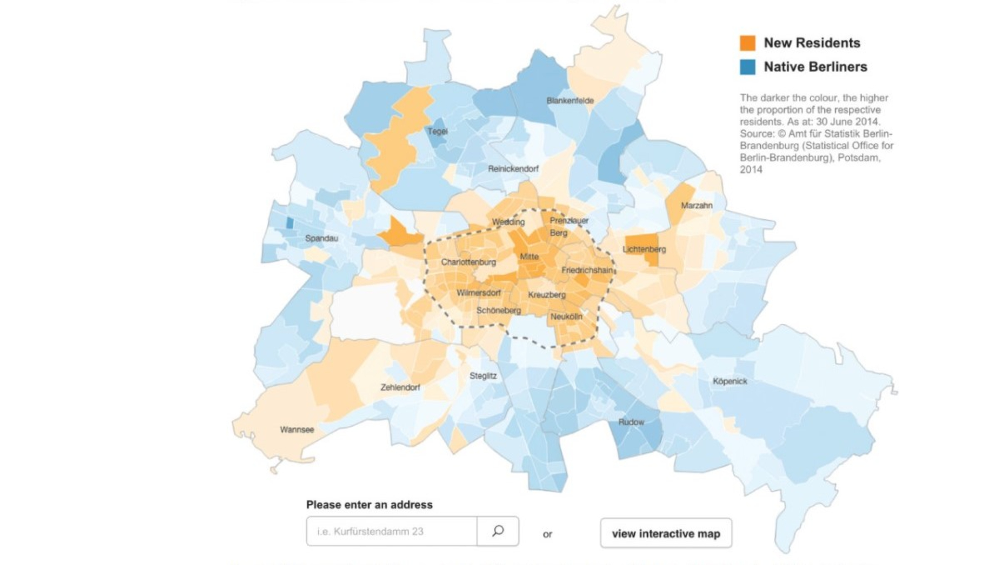 Blue and orange choropleth map of Berlin illustrating proportion of new residents in each region within the city.