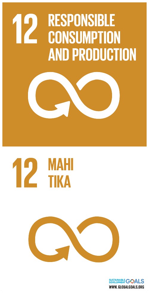 A tan and white graphic logo of the responsible consumption symbol for the UN SDG 12: responsible consumption and production - in both English and te reo Maori