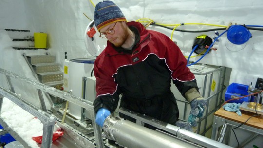 Peter Neff in the RICE drilling tent, Roosevelt Island, Antarctica