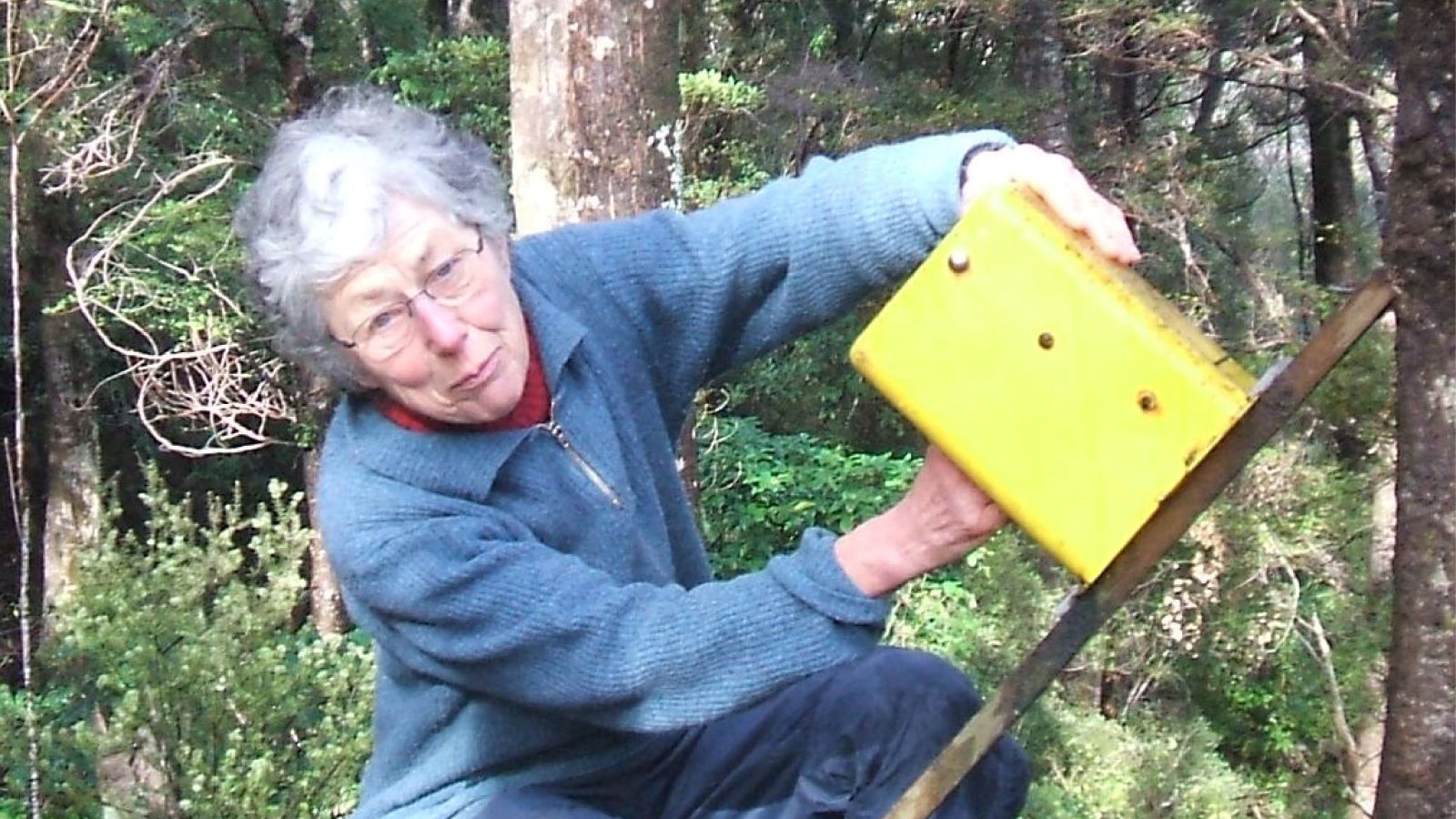 Jan Heine holds a yellow trap for rats and possums in the bush