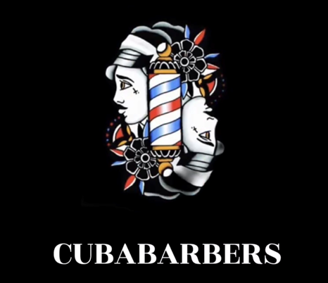 The Cuba Barbers logo features a mirror graphic of a black and white animated person with a Barber's pole in the middle. The logo is on a black background and the word 'CUBABARBERS' is below the logo.