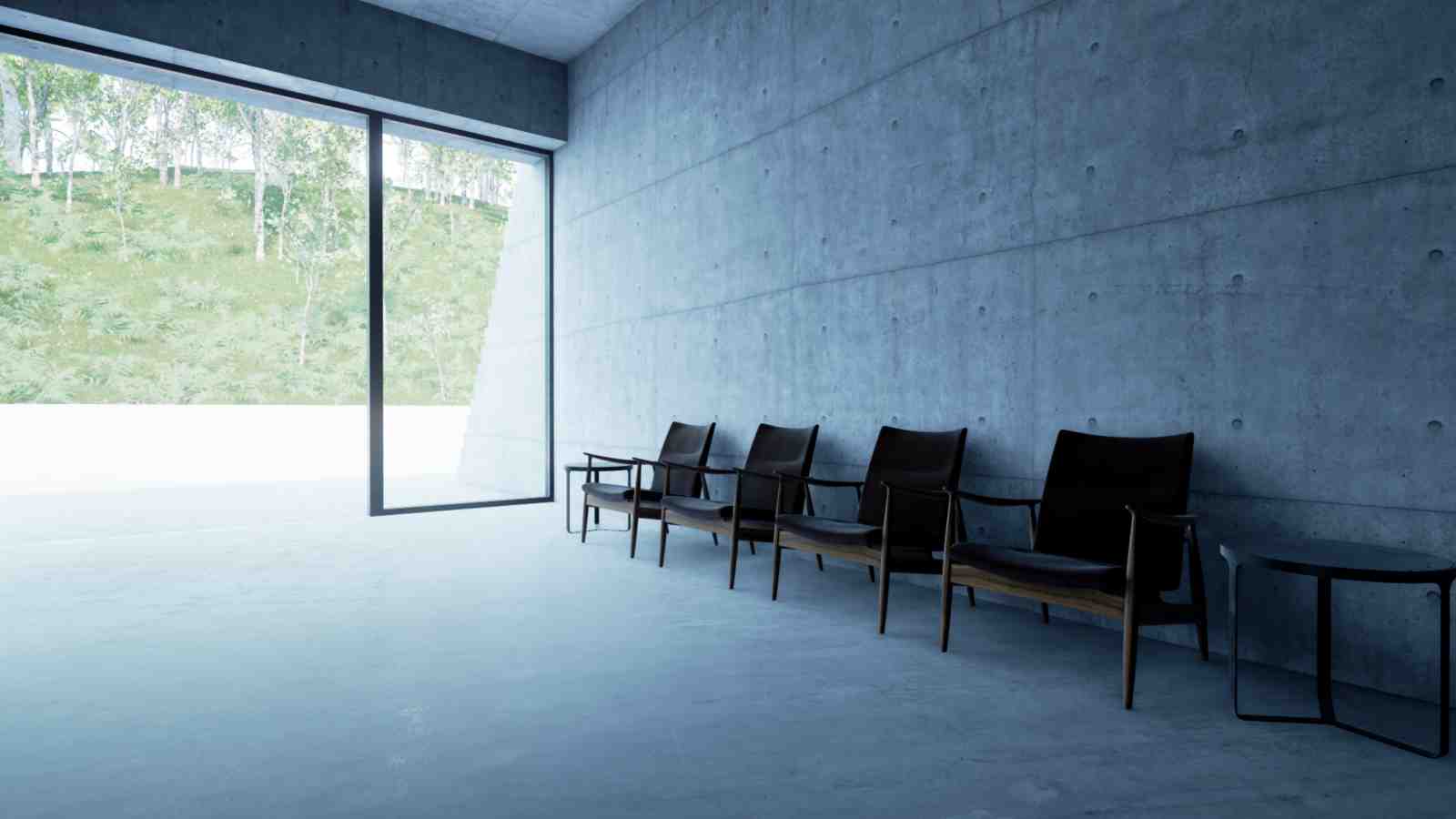 Concrete room looking out through an open door. The texture of the concrete can be seen and how it changes as you look closer to the door and there is more light – Chichu Art Museum, Japan. Designed by Tadao Ando and virtually reimagined by Eliot Blenkarne.