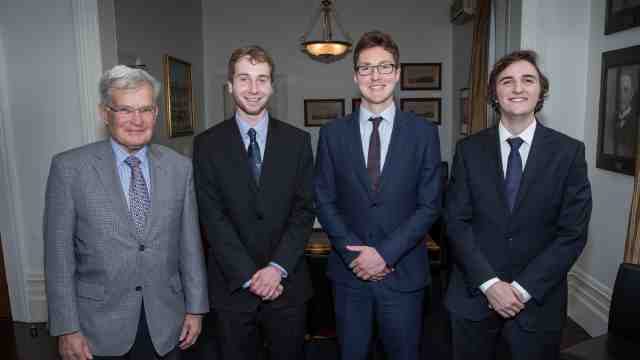 Chairman of the Woolf Fisher Trust, Sir Noel Robinson with the Woolf Fisher Scholars for 2018 from left: Josh Brian (Victoria), Oliver Hailes (Otago) and Nat Walker-Hale (Victoria).