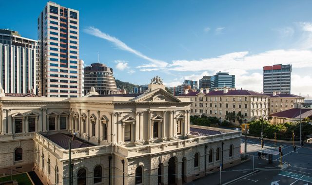 An aerial view of the law school with the supreme court in the foreground.