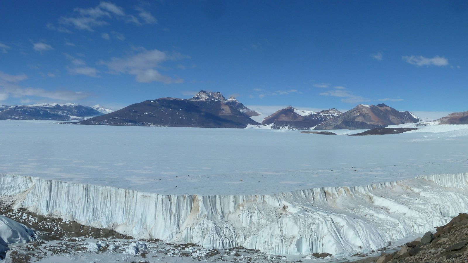 Taylor Glacier, Antarctica with mountains in the background.