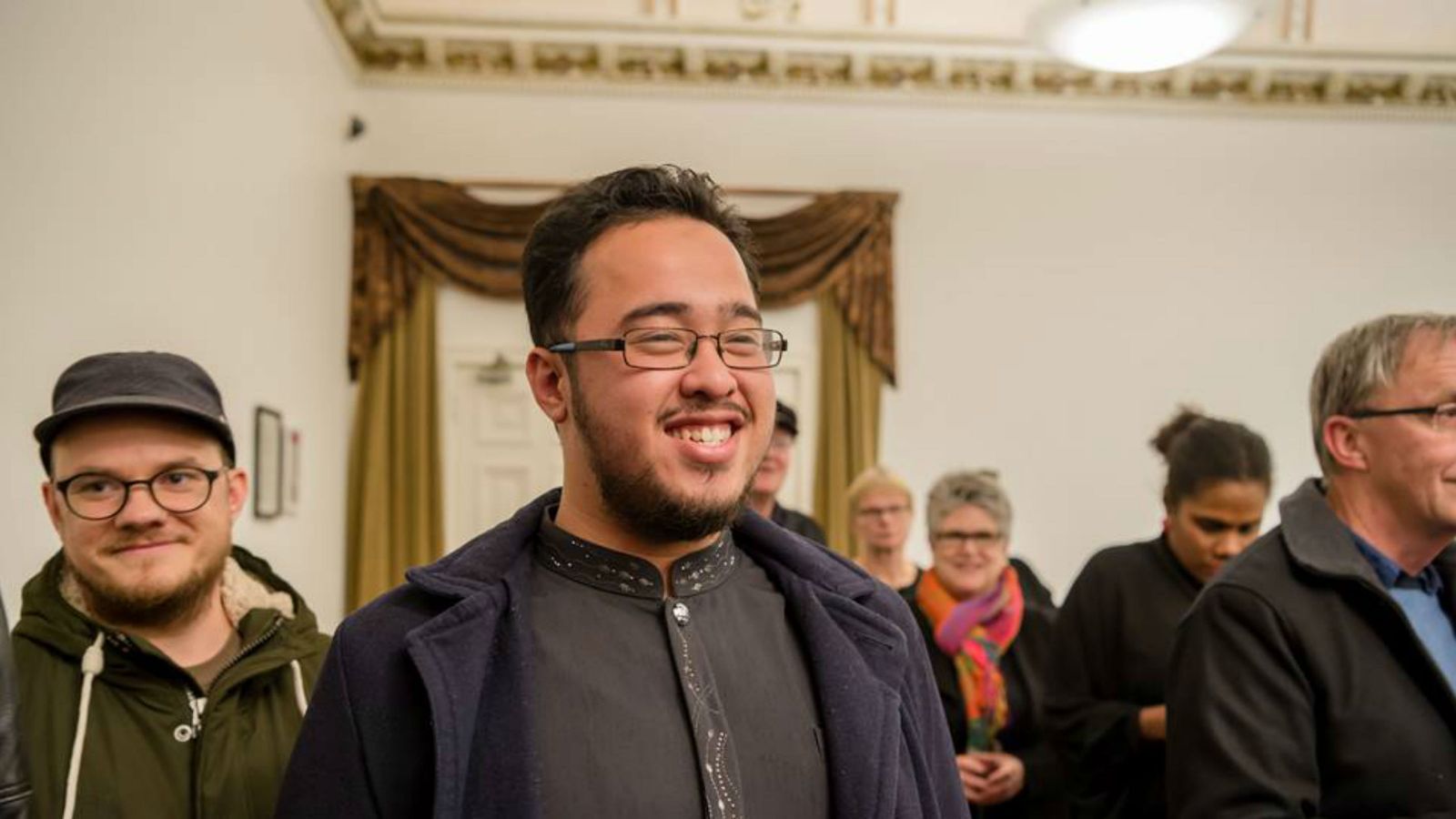 Umar Zakaria (centre) pictured on the night of the awards, with Thomas Voyce (left), who mastered his award-winning album. Credit: Wellington Jazz Festival, image by Stephen A’Court.