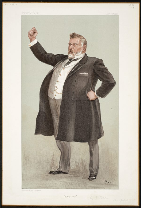 A painting of a man witih a large belly dressed in a late 1800's suit holding up a fist.