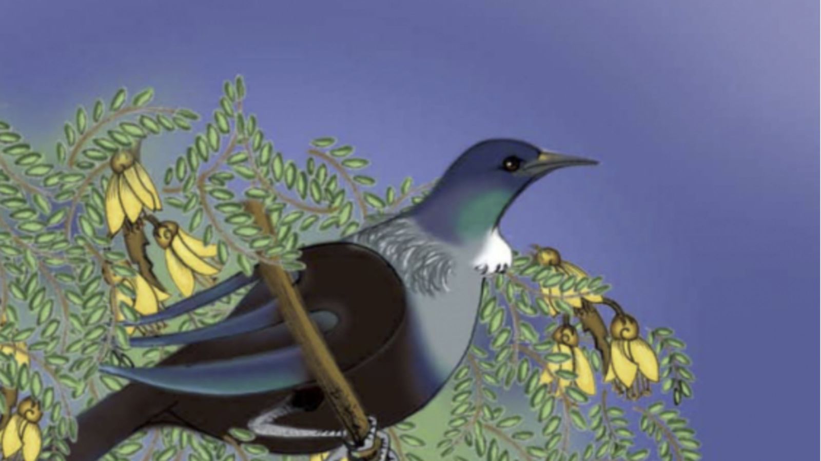 An animated image with a bird on a tree branch in front of a purple background. 