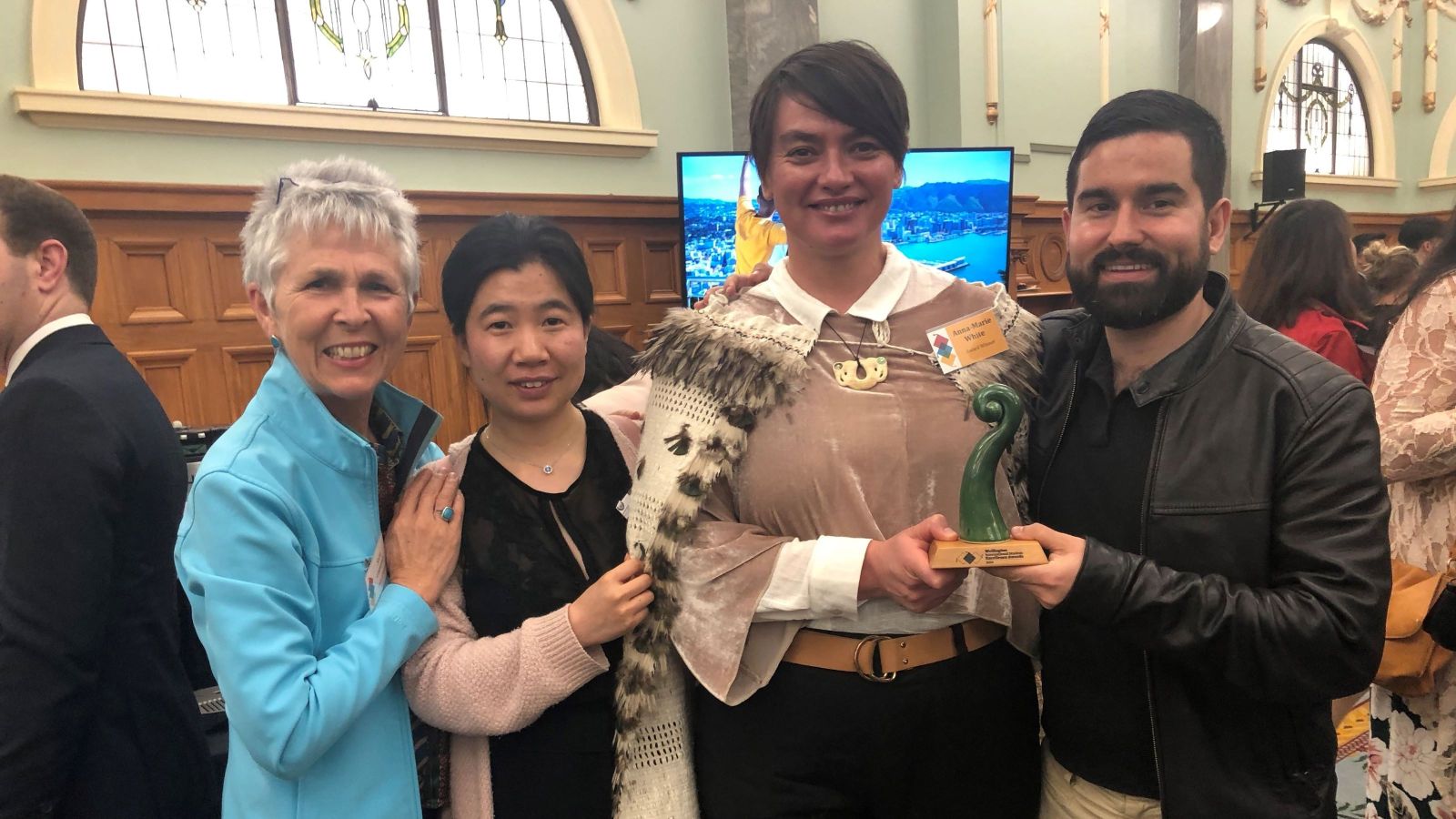 Left to right: Sara Cotterall (Victoria University of Wellington Doctoral Development Coordinator), Menghzu Yan (PhD Linguistics candidate and award nomination referee), Anna-Marie White, and Jorges Morales-Delgado (PhD Philosophy candidate and award nominator). 
