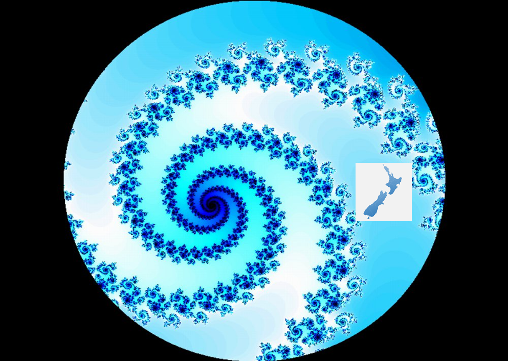 Logo - sustainability - a blue spiral of fractals with a map of New Zealand.