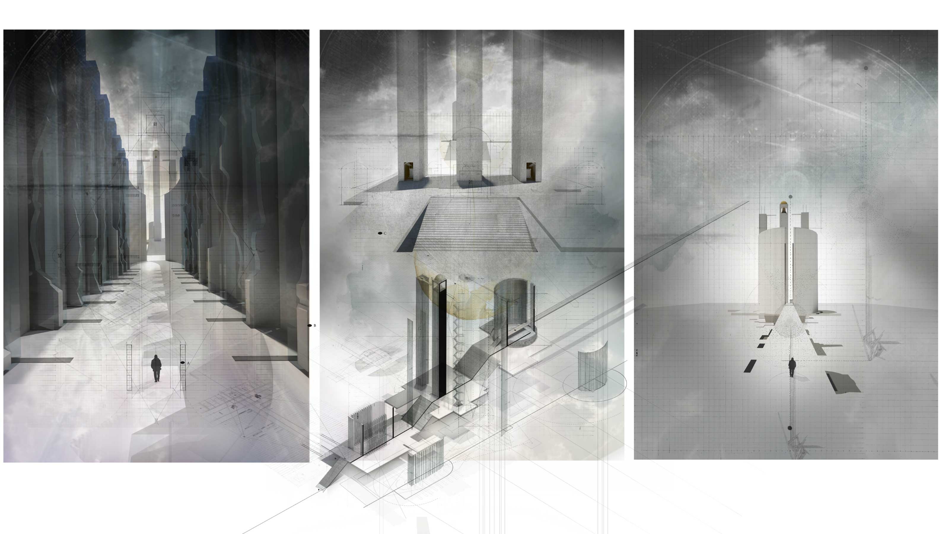 Three monochrome collages of futuristic architectural designs