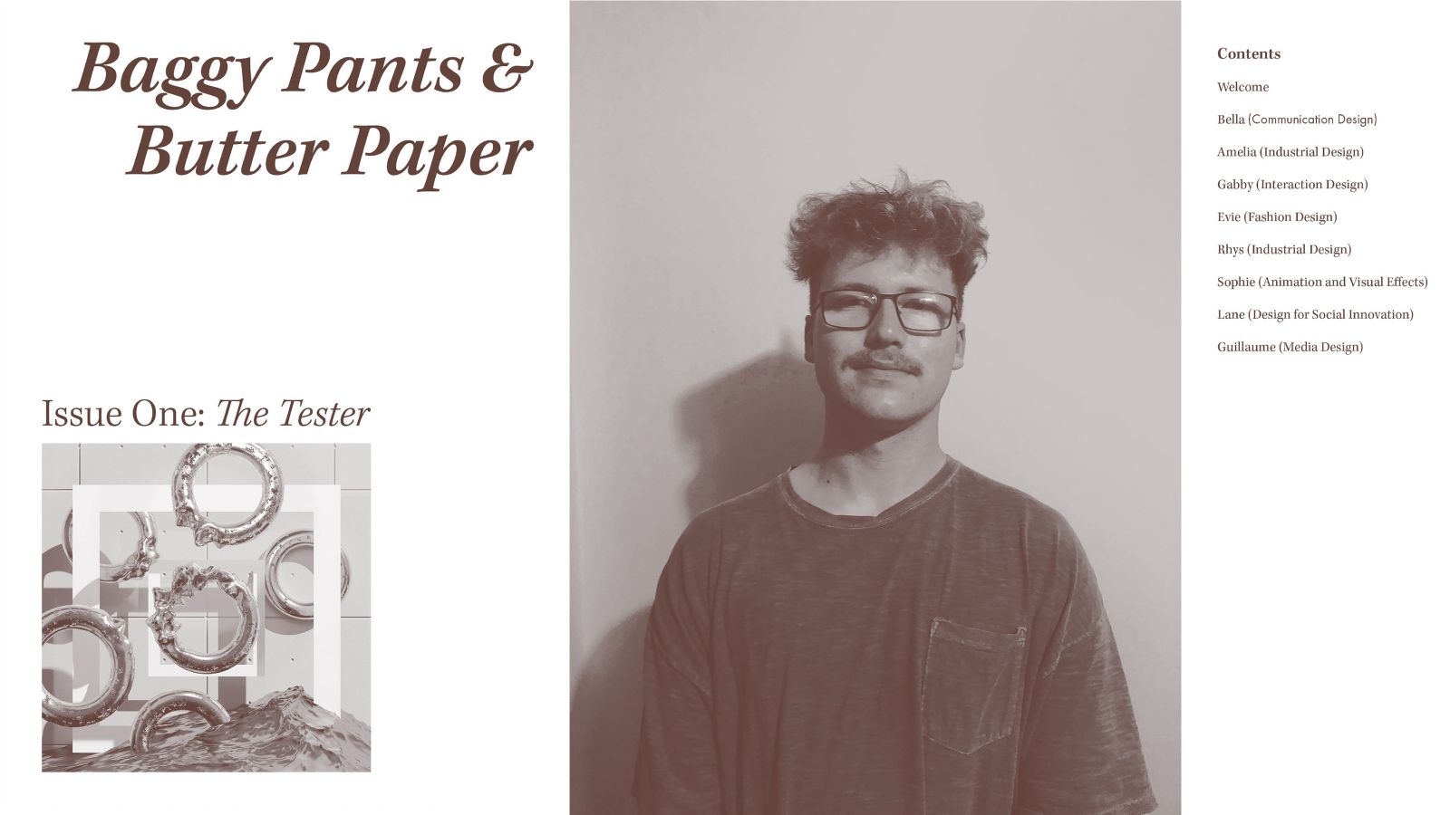 Cover of Baggy Pants and Butter Paper zine and portrait of Hamish Besley