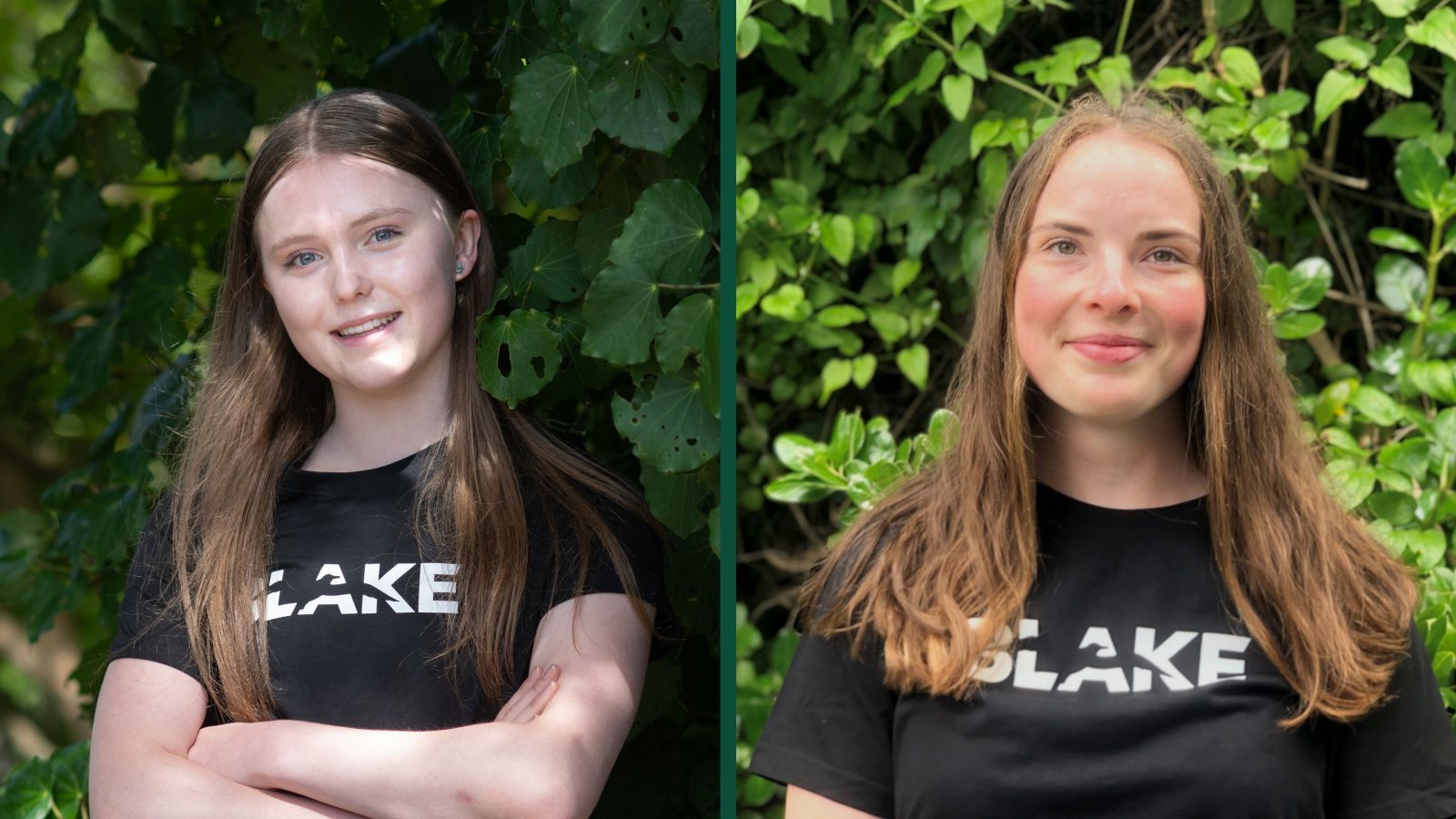 Elizabeth Werner and Brittany Florence-Bennett stand in front of green bush wearing their black Blake Ambassador t-shirts.