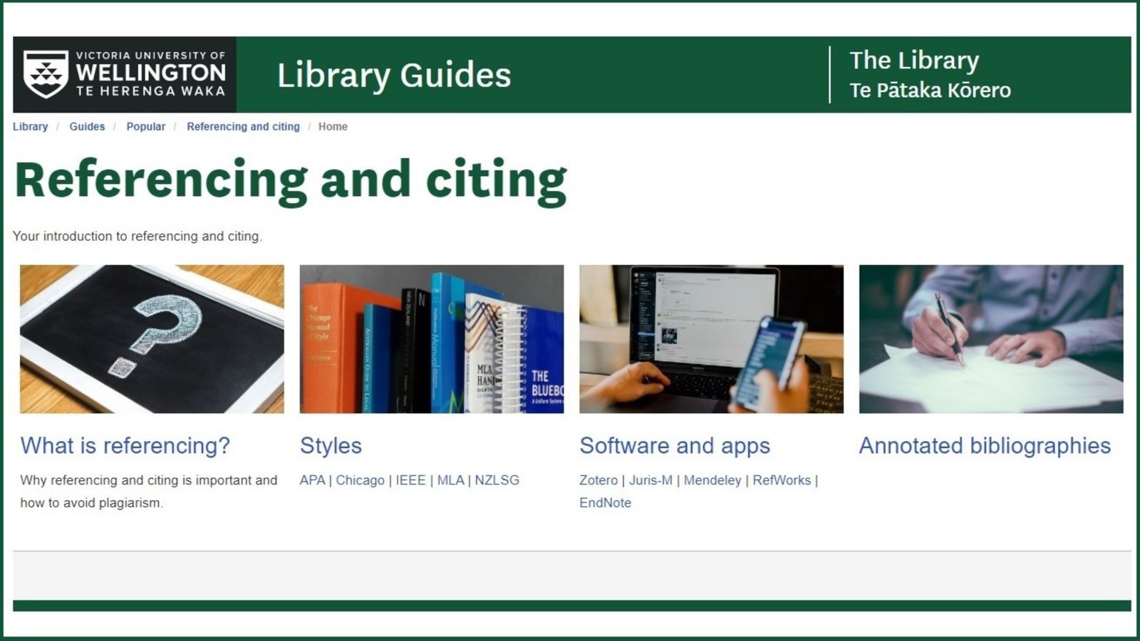 Screenshot of a page from the referencing and citing library guide.