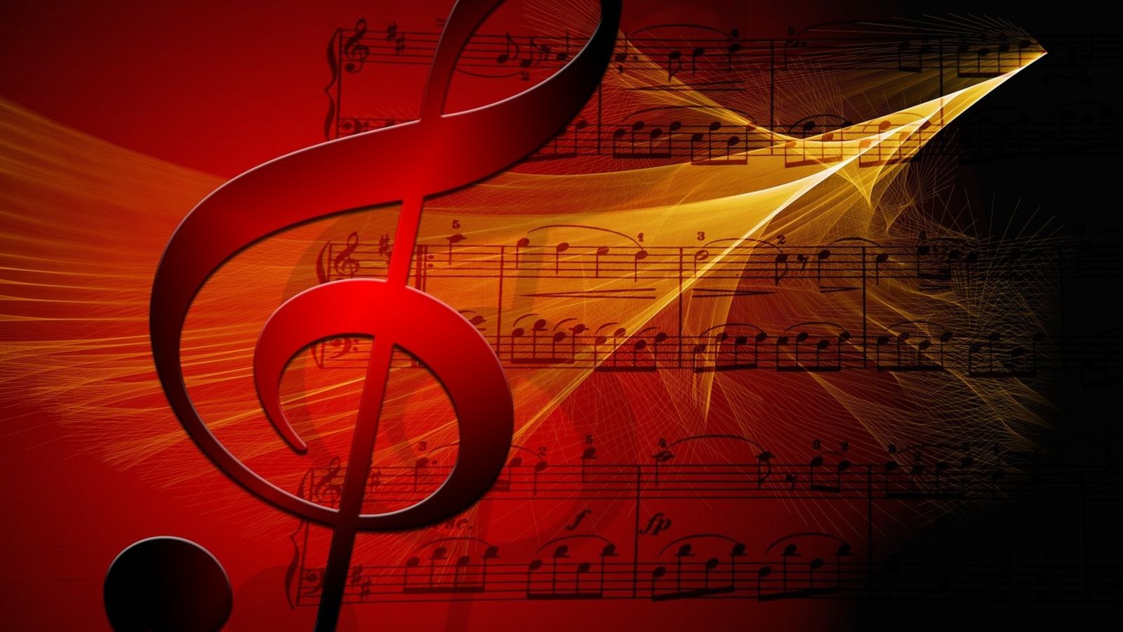 Large treble clef, sunburst colour red to black emanating from centre, superimposed over three lines of music score. Background colour is sunburst black to red, from right to left, with yellow-gold glowing fractal flame pattern growing out of the black, sweeping across the red.