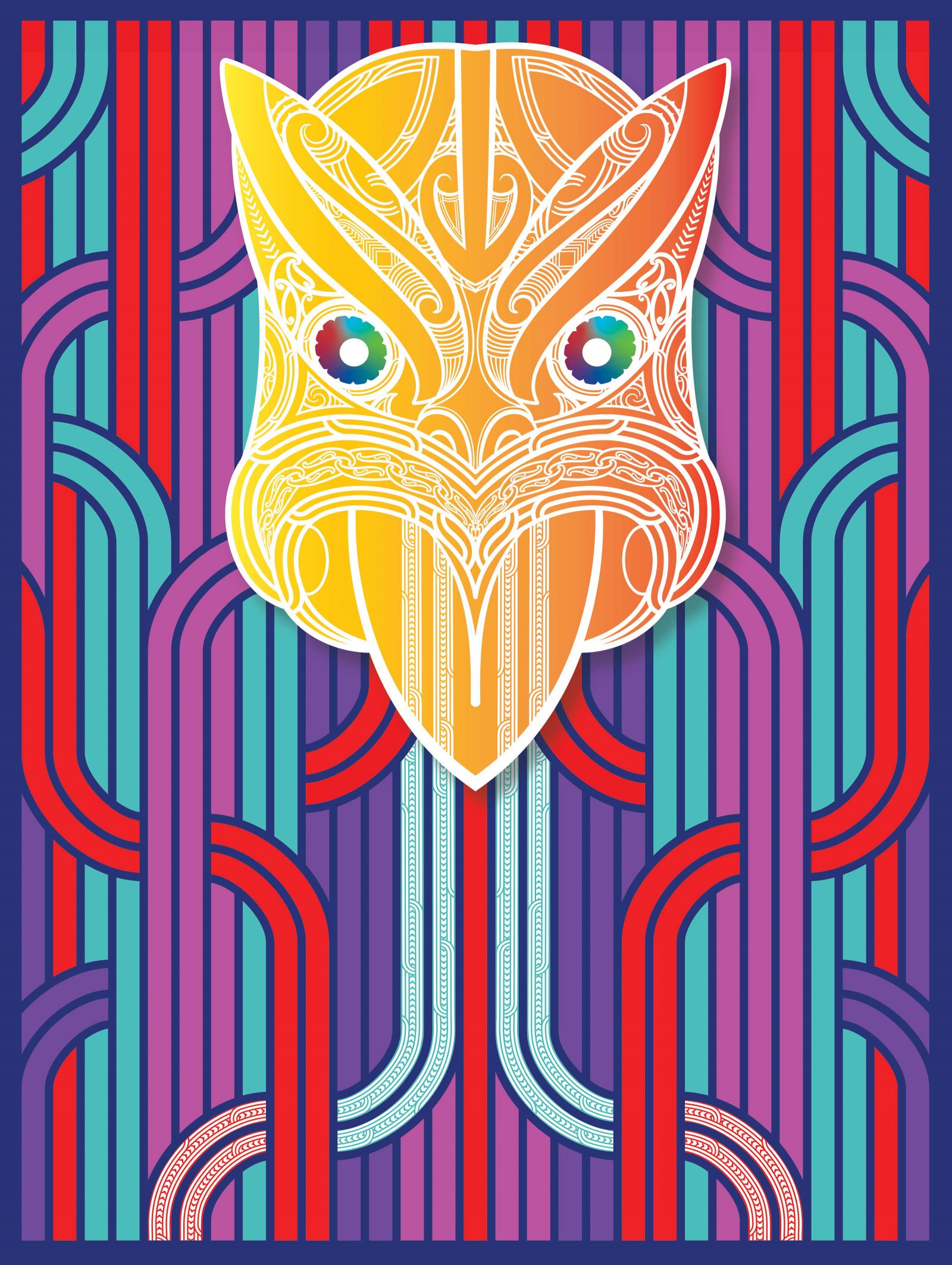 	Graphic inspired by a whakairo face sporting a yellow to red gradient and colour wheel eyes above a background of ribbons in purples, reds, and teals.
