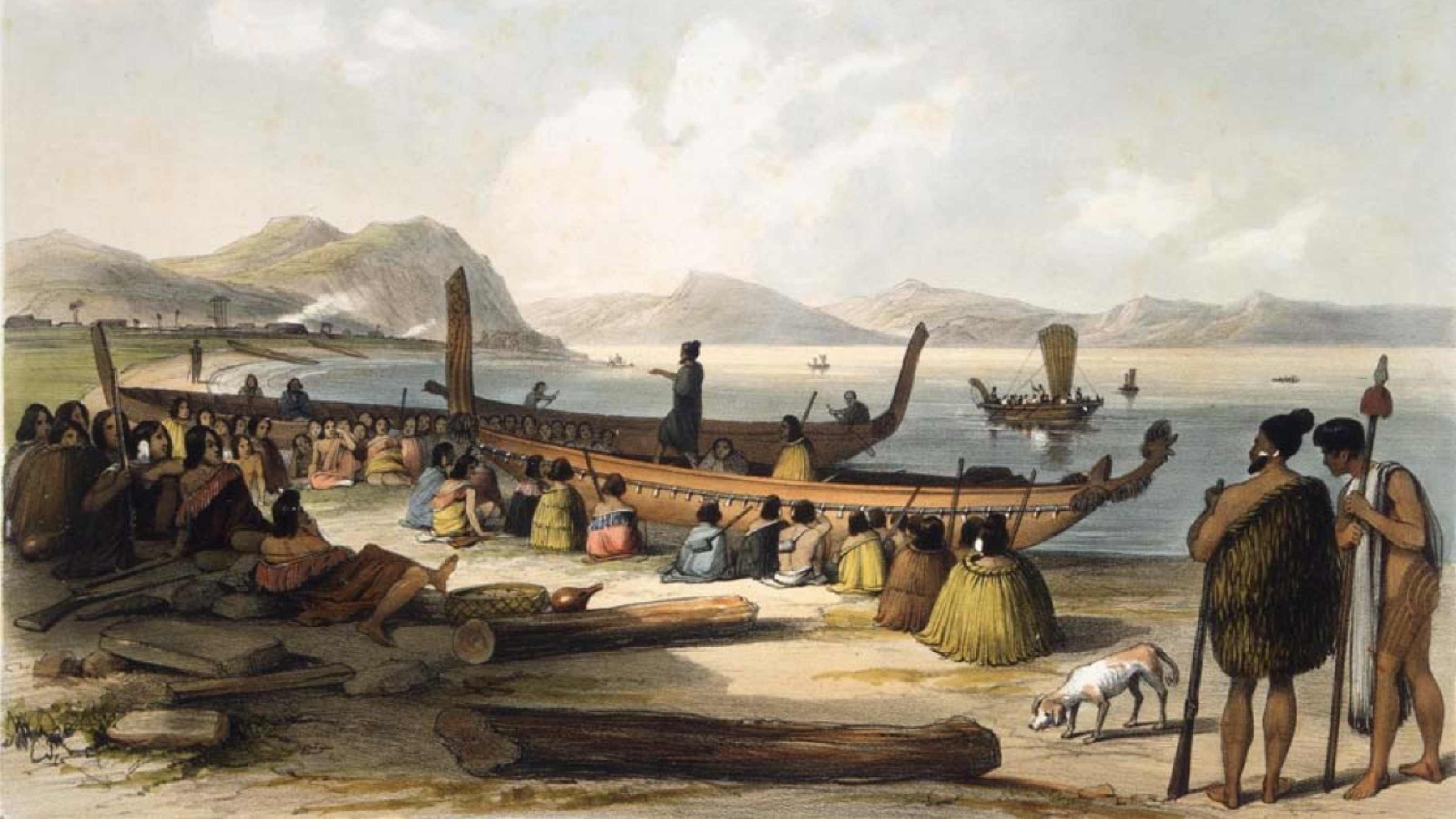 Painting of traditional Maori on a beach with waka (canoes)
