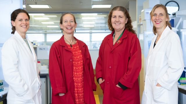 Four female members of the University's multiple sclerosis research team, standing in a lab.