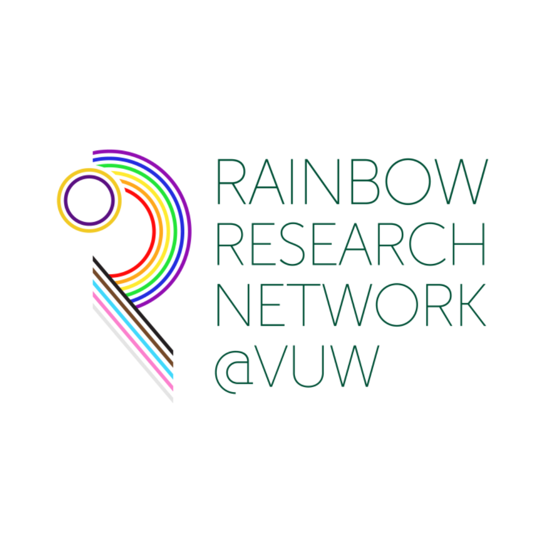 The logo for Rainbow Research Network, with a rainbow-coloured letter R.