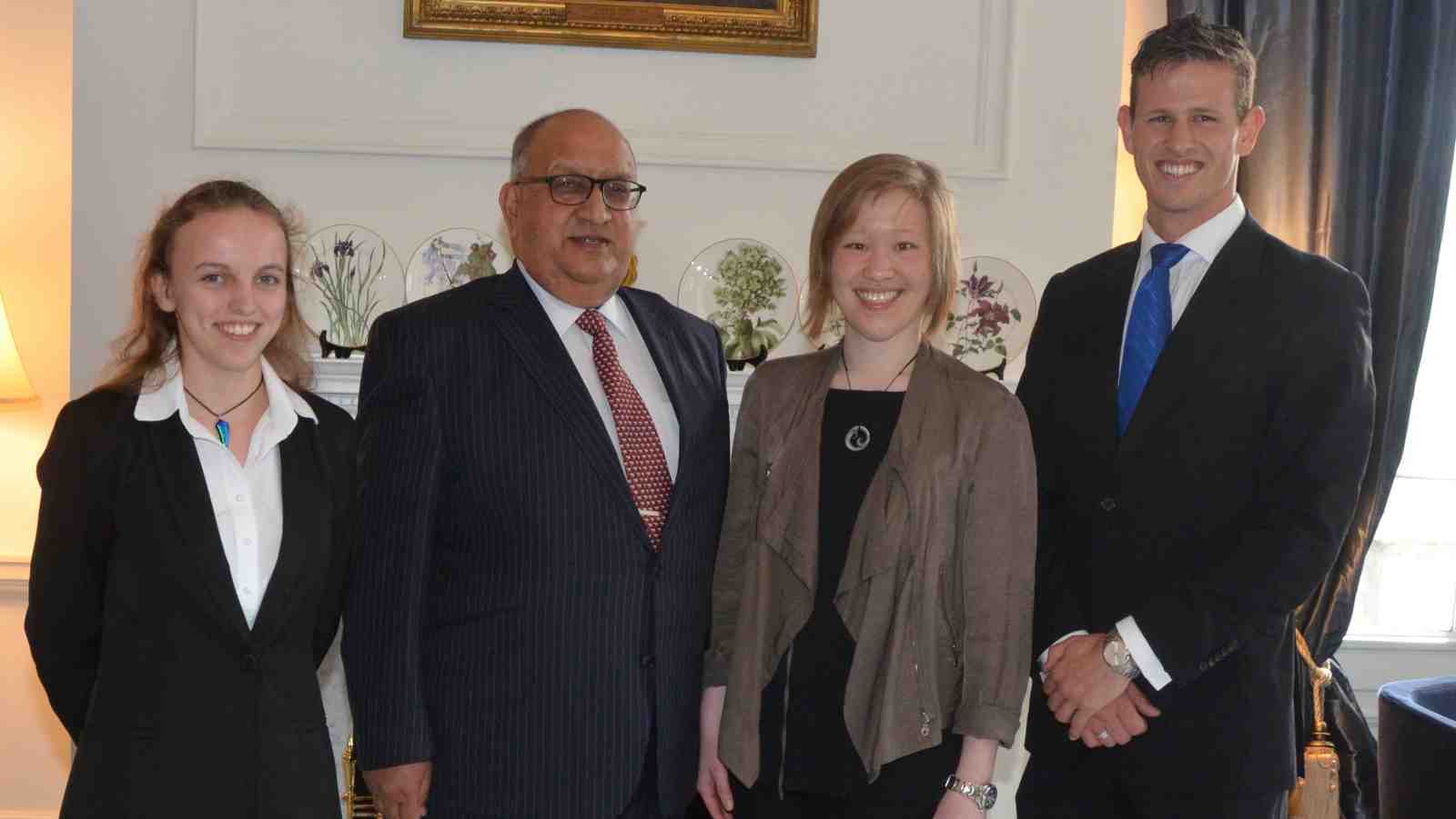 Former Governor-General The Rt Hon Sir Anand Satyanand with the Rhodes Scholars: Kimberley Savill, Jade Leung, and Oscar Lyons.