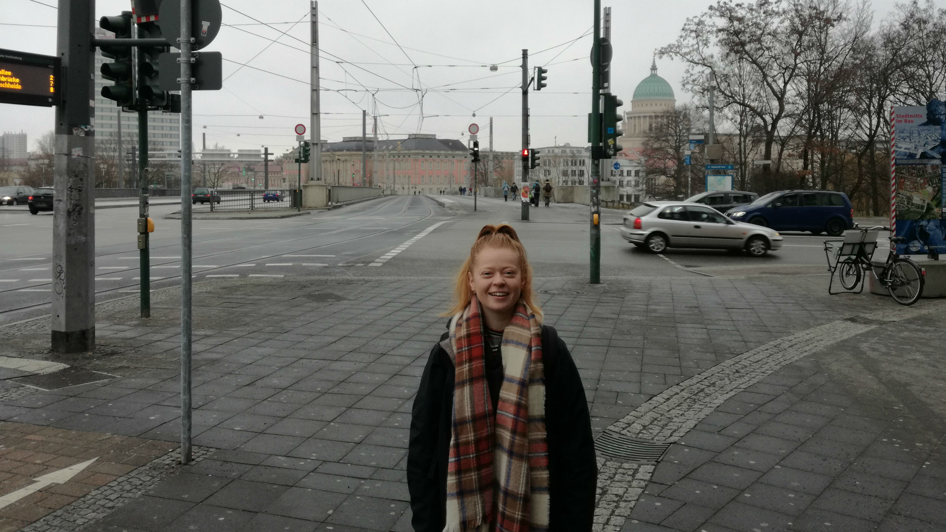 Katherine on exchange in Germany, standing at a road intersection.