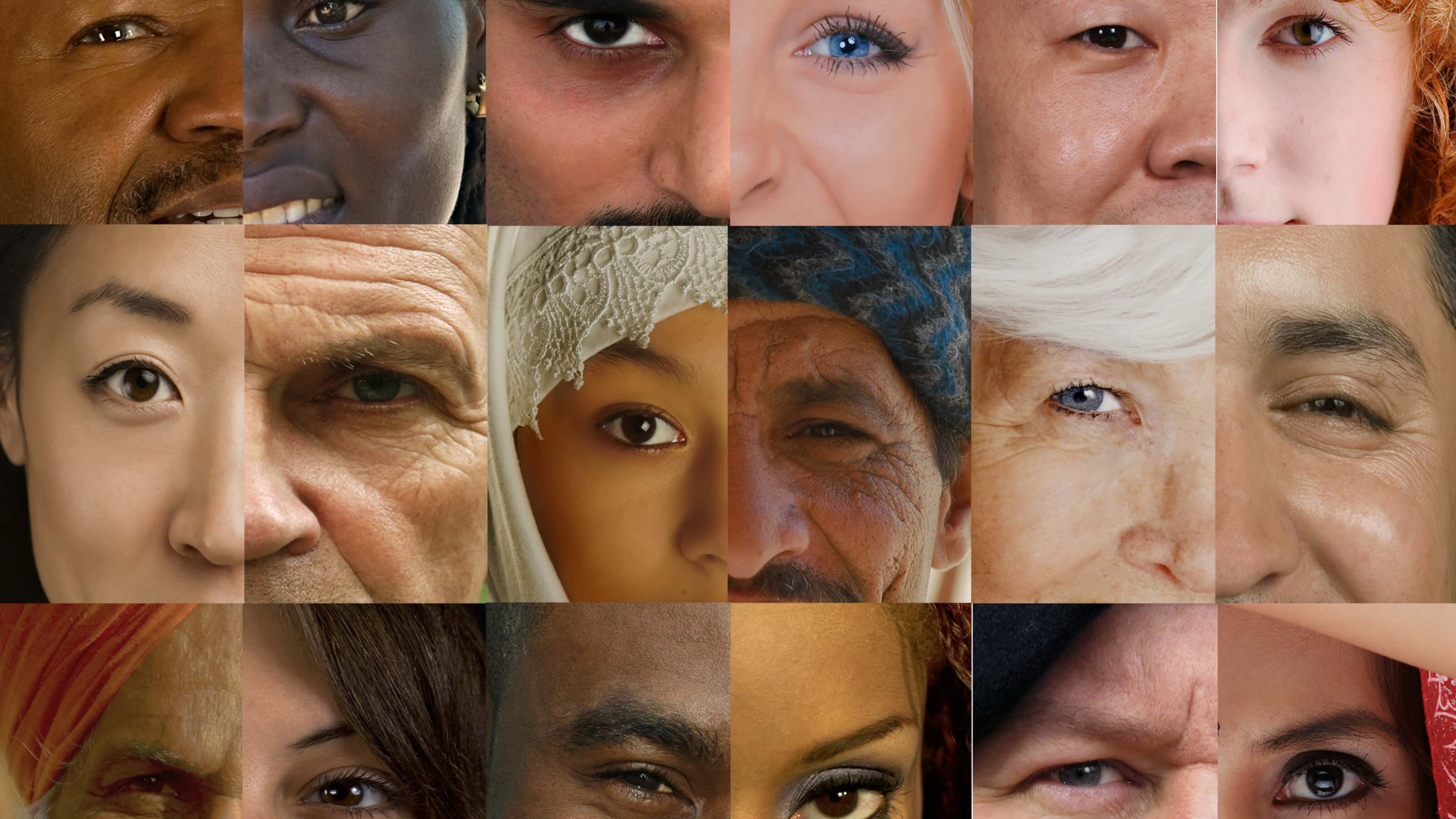 Many split faces put together to represent the multi-cultural face of New Zealand.