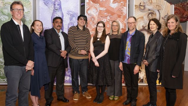(From left to right) From Te Papa Tongarewa: Dr Dean Peterson, Courtney Johnston and Dr Arapata Hakiwai; scholarship recipients: Ben Manukonga and Laura Jamieson; from Victoria University of Wellington: Dr Lee Davidson, Dr Conal McCarthy, Professor Jennifer Windsor and Dr Lucy Baragwanath.