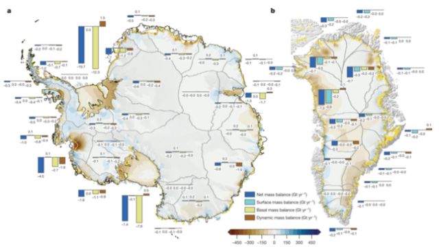 Global environmental consequences of twenty-first-century ice-sheet melt. A map of the Antarctic and Greenland.