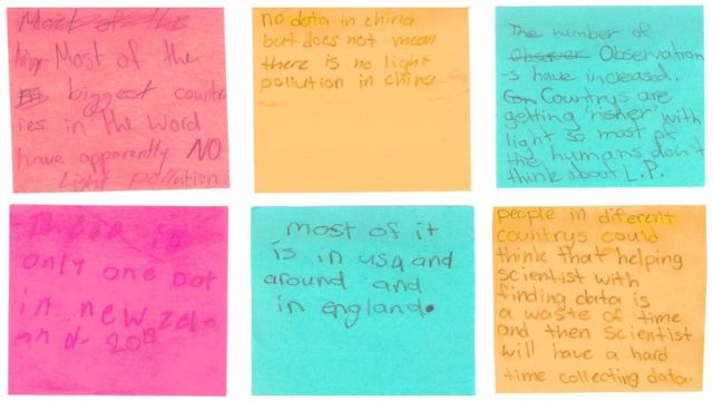 Globe at night – an image of 6 post-it notes with text describing the globe at night.