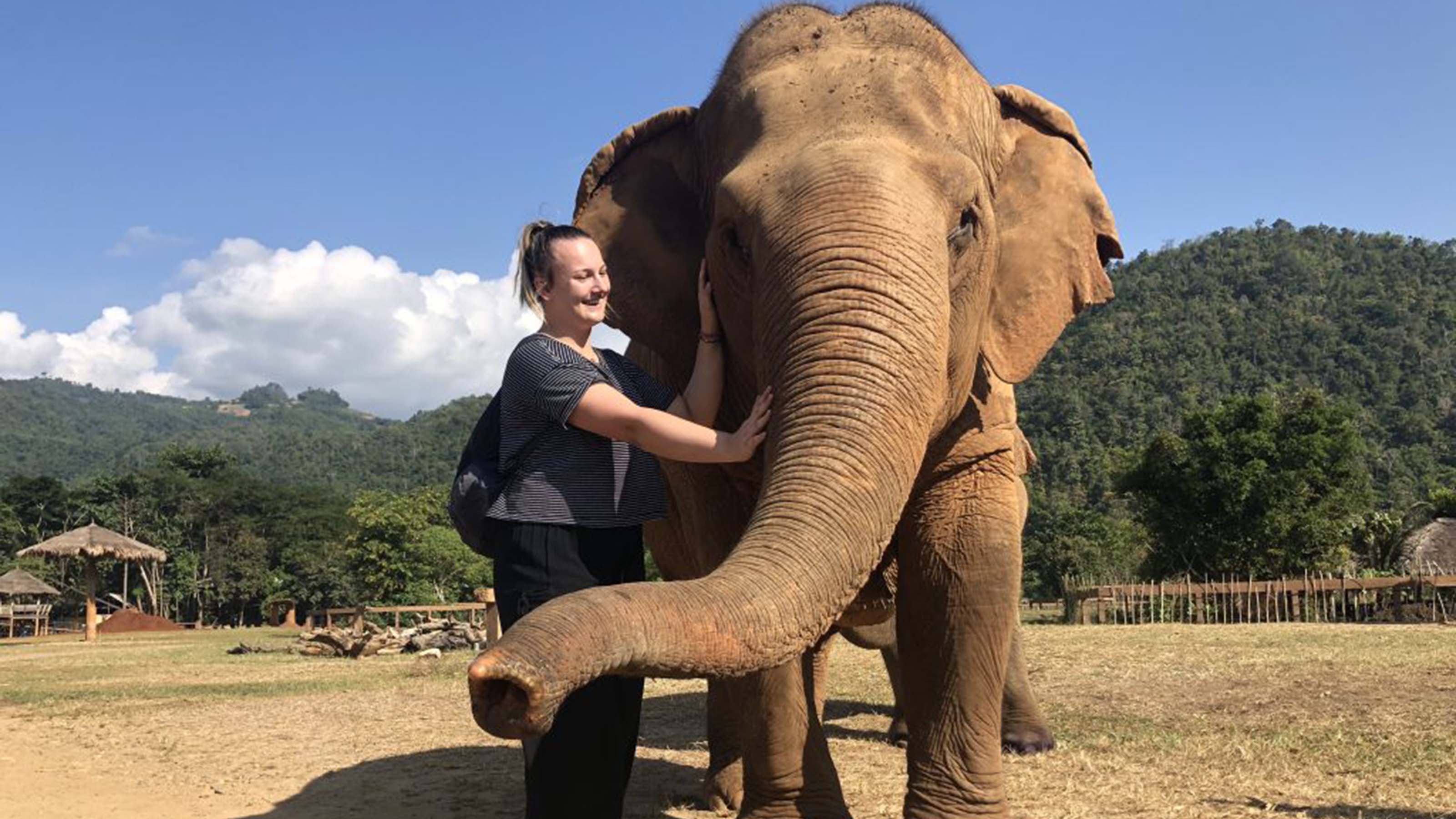 Alli O'Donnell with an elephant at a sanctuary in Thailand