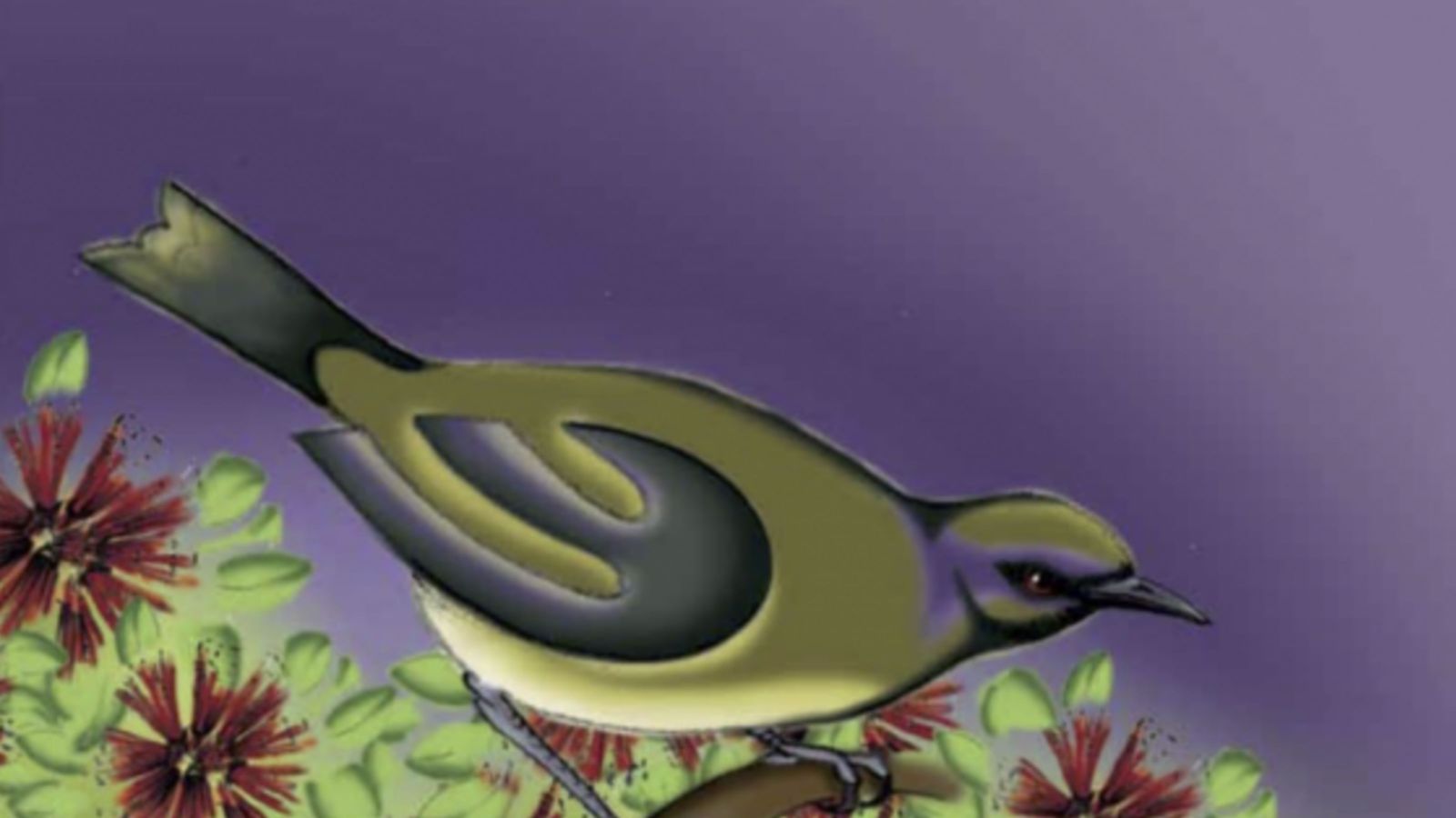 A bird perched on a branch in front of a dark purple background.