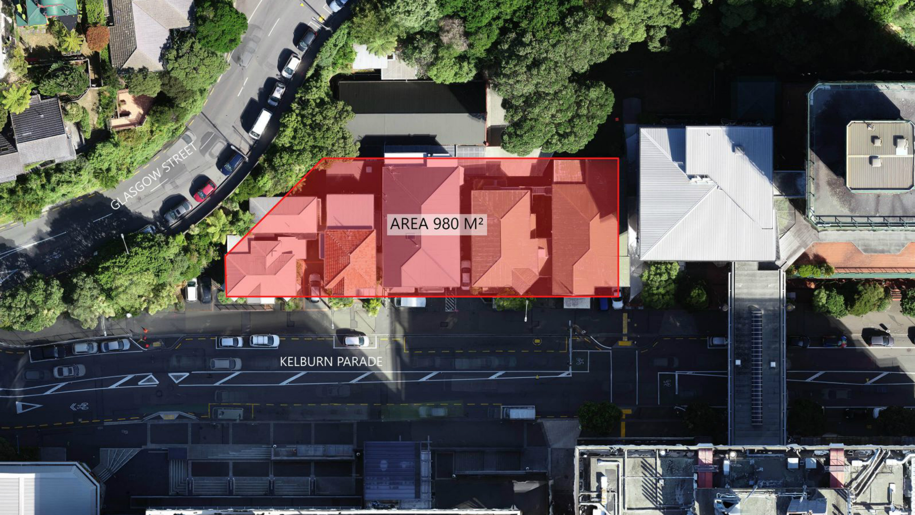 Aerial view of proposed Living Pā site on Kelburn Parade, Wellington.