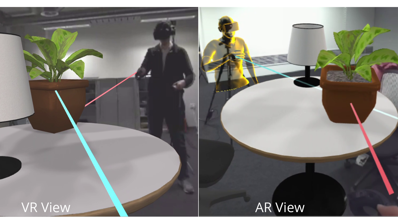 Augmented Virtual Teleportation - an asymmetric platform for remote collaboration. From the left: a remote traveler wearing a VR HMD, the Mixed Reality collaboration space seen in their display, the space shown on an AR display, and the local host.