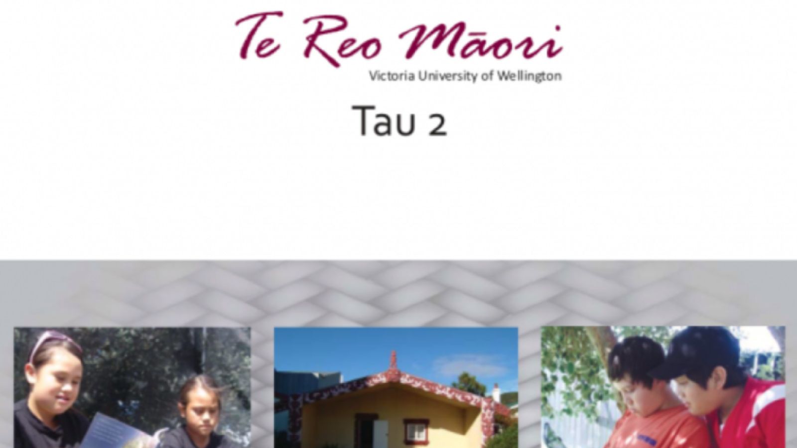 Te reo Māori book cover with three images on the front. The first shows two girls reading, the second is of a marae, and the third is of two boys looking down at something we can't see.