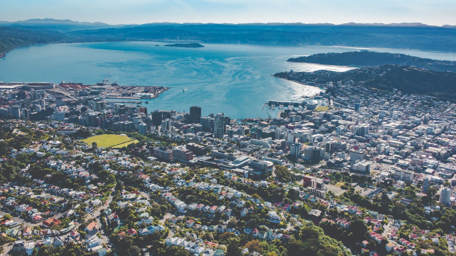 Aerial photo of Wellington city and harbour.