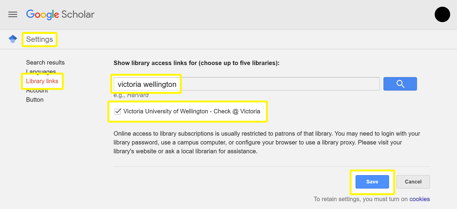 Screenshot of Google Scholar settings page indicating options for setting Victoria University of Wellington as a linked library