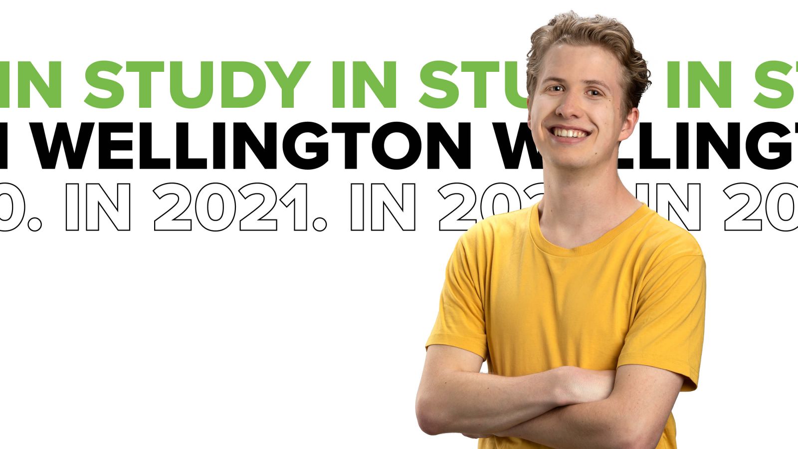 	Smiling student, Zac, with white background and the text: Study in Wellington in 2021.