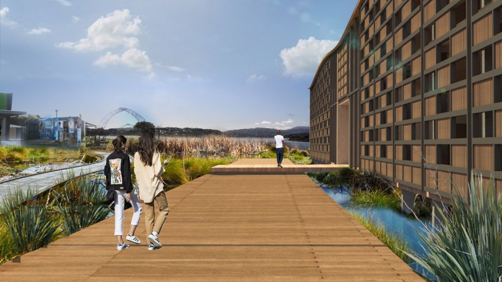 architectural render of people walking alond a boardwalk next to streams