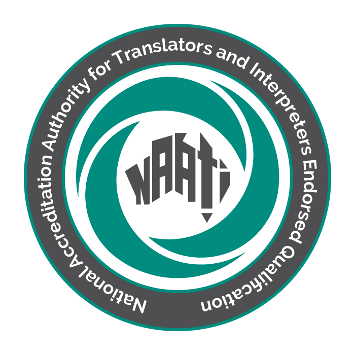 The NAATI logo which features NAATI in grey in the shape of Australia