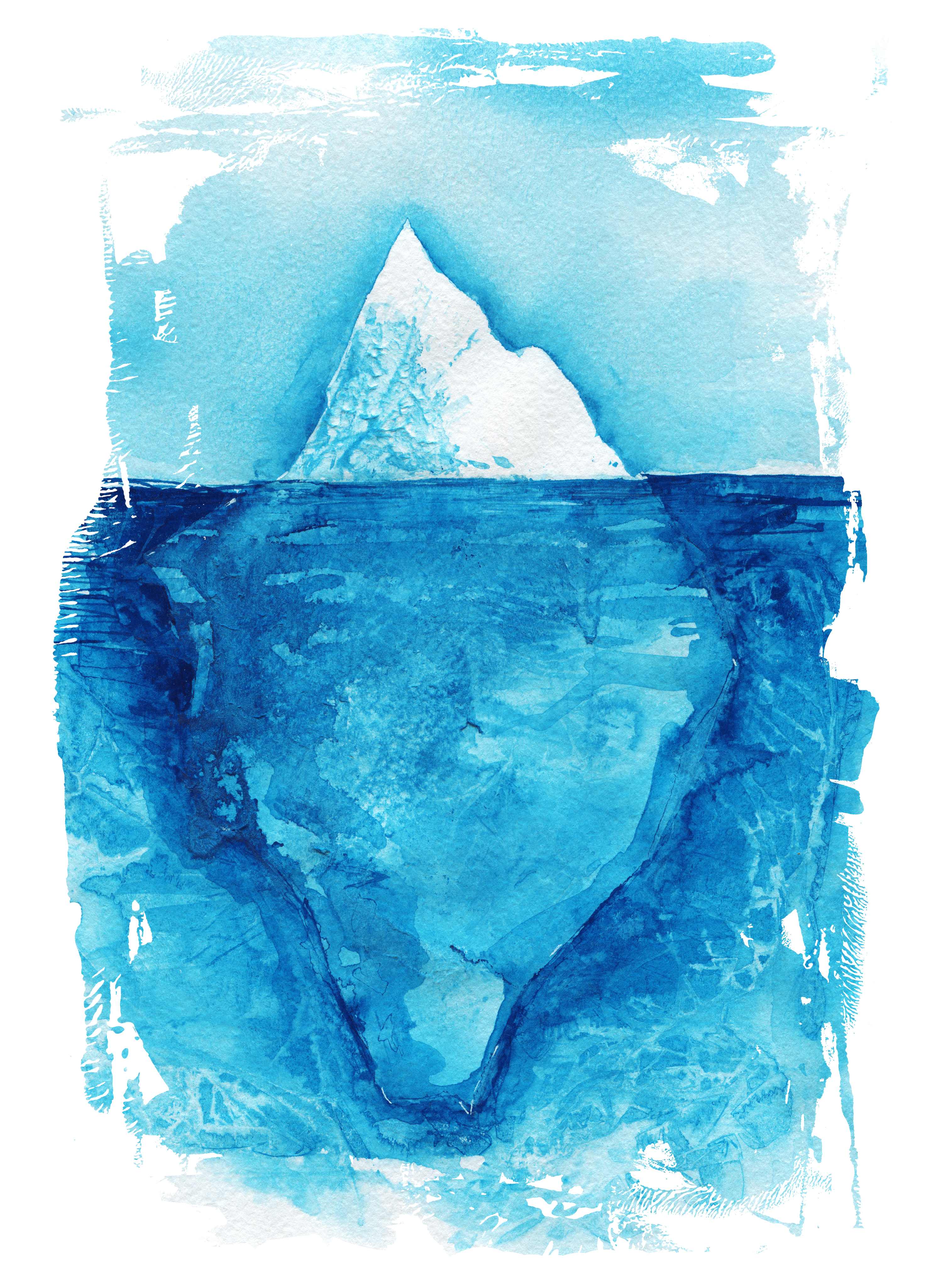 Watercolour image of an iceberg above and below water. 