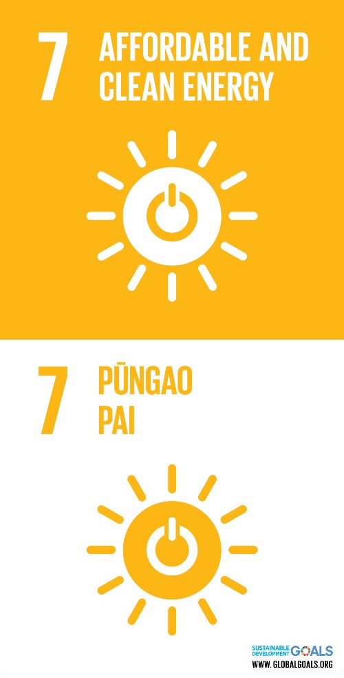 A yellow and white graphic logo of a push button switch with rays radiating around the circumference for the UN SDG 7: affordable and clean energy - in both English and te reo Maori