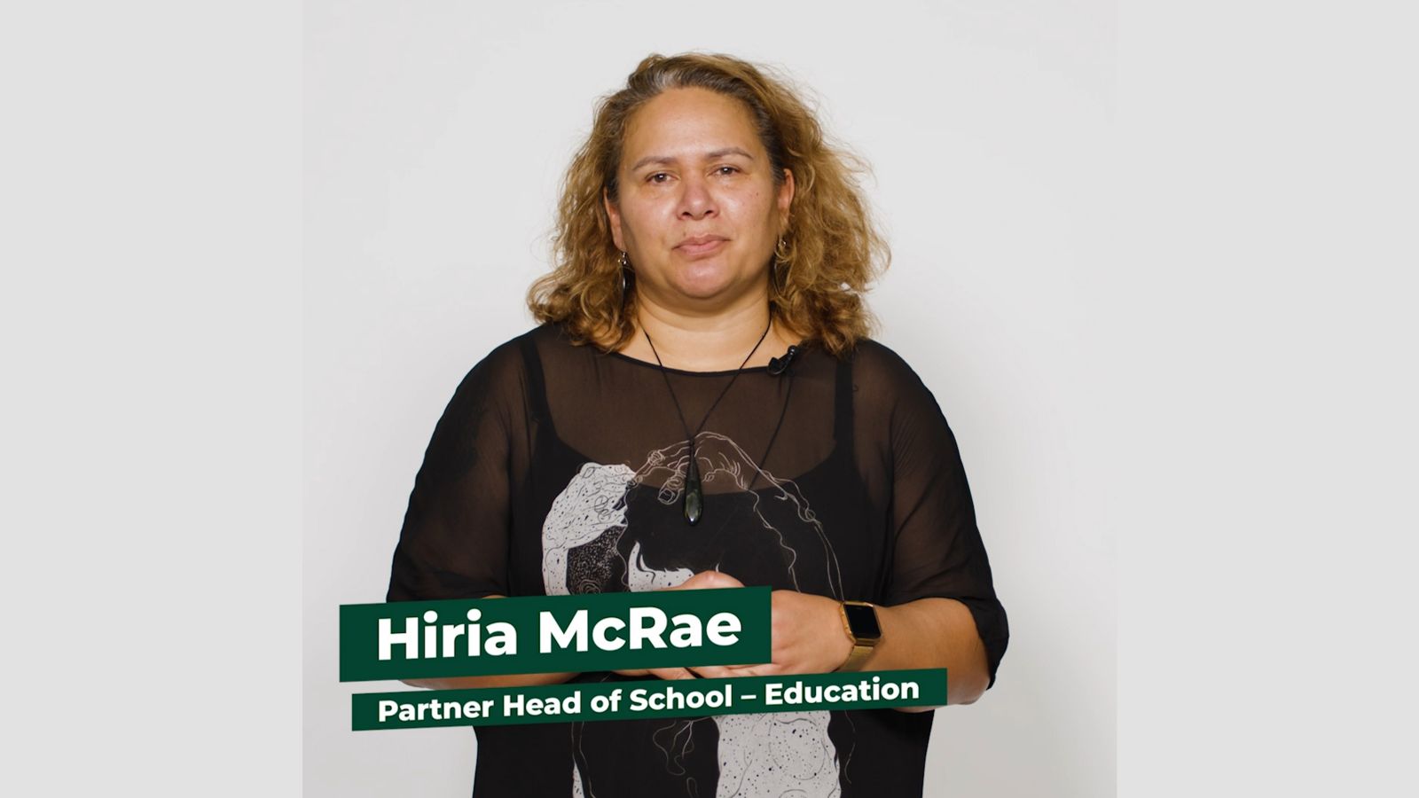 Partner Head of School Hiria McRae stands facing the camera against a white background