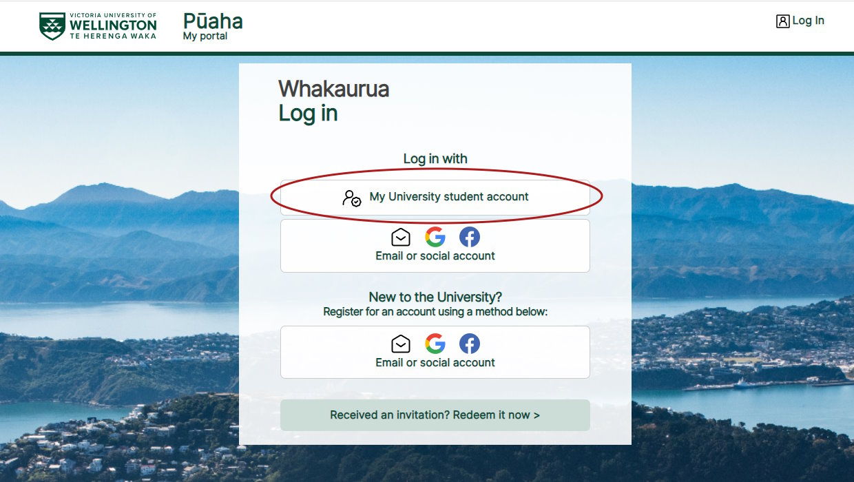 Screenshot of the Pūaha sign in screen with the 'use university student account' button circled