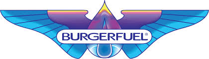 The BurgerFuel logo features blue and purple wings with the word 'BurgerFuel' in a white space overlaying the wings graphic.