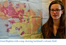 Jenni Hopkins with a map showing Auckland's volcanic field