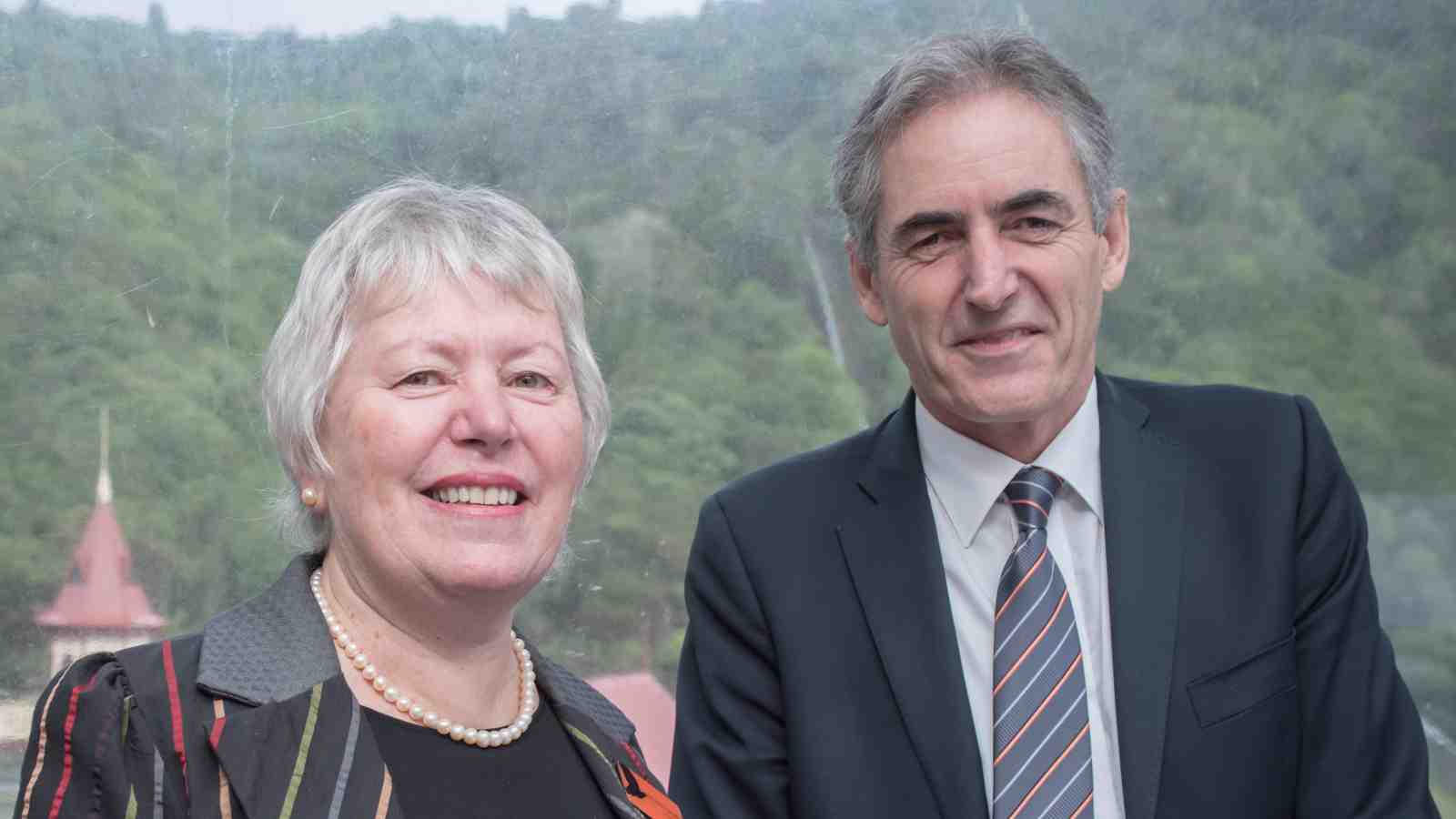 Karori Sanctuary Trust chair Denise Church and Victoria's Vice-Chancellor Professor Grant Guilford