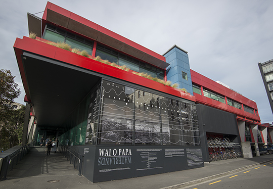 The faculty of Architectue and Design building showing the Wai-o-papa exhibit